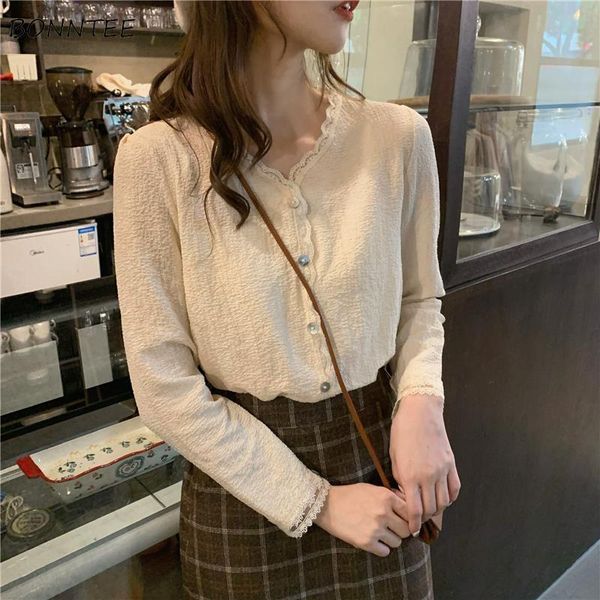 

women's blouses & shirts women autumn lace single breasted v-neck loose sweet elegant lady vintage french style chic casual female, White