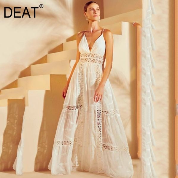 

deep v high waist lace patchwork sleeveless hollow out embroidery white suspender long dress women summer gx997 210421, Black;gray