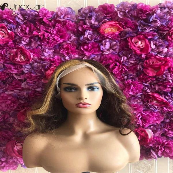

13x4 human lace front wig brazilian remy wavy wigs highlight colored middle hair, Black;brown