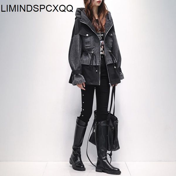 

women's jackets jaqueta feminina 2021 hooded splicing womens short denim korean fashion style autumn plus size coats clothing spring, Black;brown
