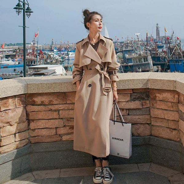 

women's trench coats khaki windbreaker women fashion mid-length british style loose korean temperament over-the-knee coat jacket m9, Tan;black