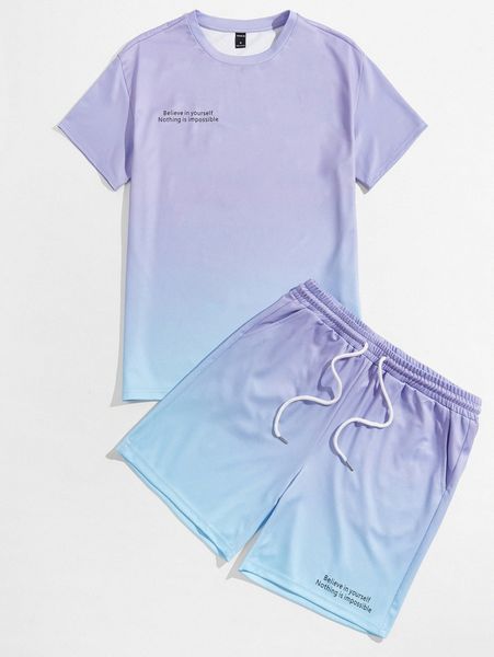 

men slogan graphic ombre print tee and track shorts set 63af#, Gray