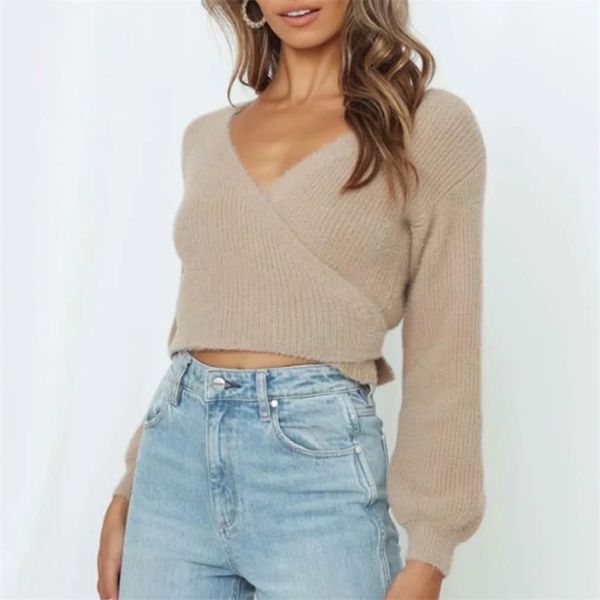 Vintage Laterne Langarm Mohair Wickelpullover Damen V-Ausschnitt gestrickt Herbst Winter Kahki Fuzzy Crop Tops 210427