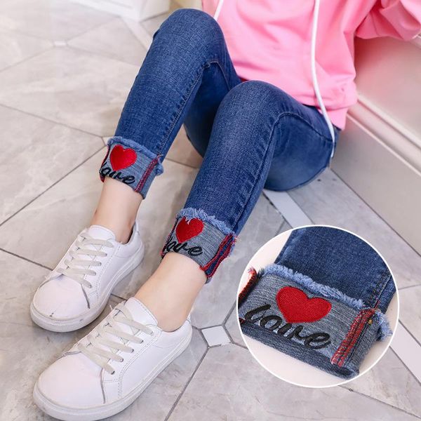 

heart embroidery girls jeans 2021 new spring autumn skinny slim kids jeans for girl elastic waist children pants, Blue