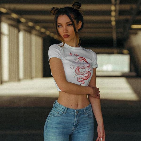 

women's t-shirt harajuku white chinese character dragon printed t shirt women casual o-neck short sleeve tee streetwear ropa mujer#p3