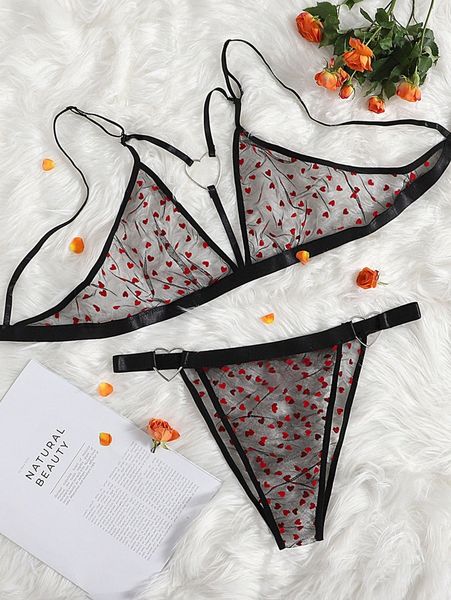 

plus heart pattern sheer mesh lingerie set o9cw#, Black;white