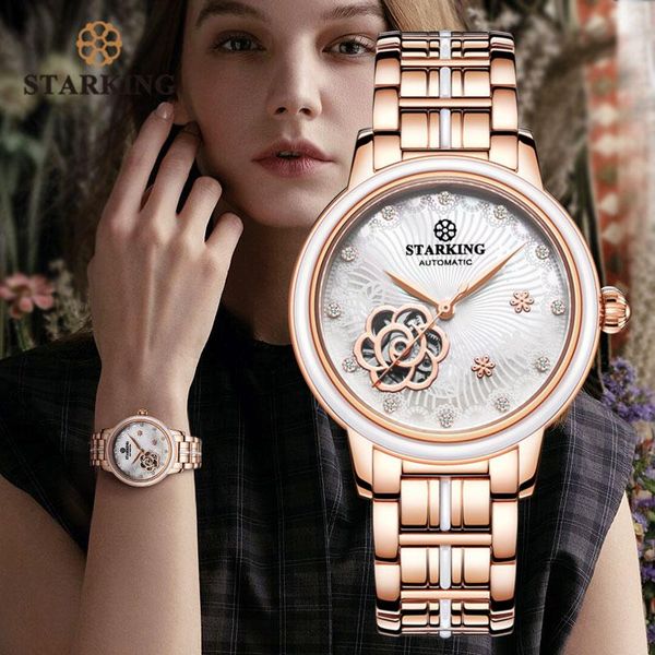 

wristwatches starking women rose gold stainless steel wrist watch luxury jewels sapphire glass auto self-wind female mechanical relogio, Slivery;brown