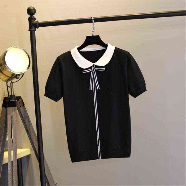 

women girl sweaters summer short sleeve pullover crew neck knitted cute sweet basic knitwear outwear top, White;black