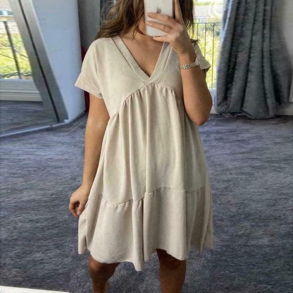 

casual dresses v-neck loose summer dress women short sleeve oversize hem woman fashion sundress beach 2021 robe femme, Black;gray