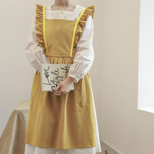 

aprons 2021 washed cotton linen kitchen apron for cooking baking flower shop ruffles work clean woman uniform lady dress