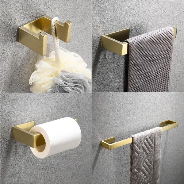 

bath accessory set wall mounted brushed gold towel bar coat hook ring paper holder 304 stainless steel adhesive bathroom accessories