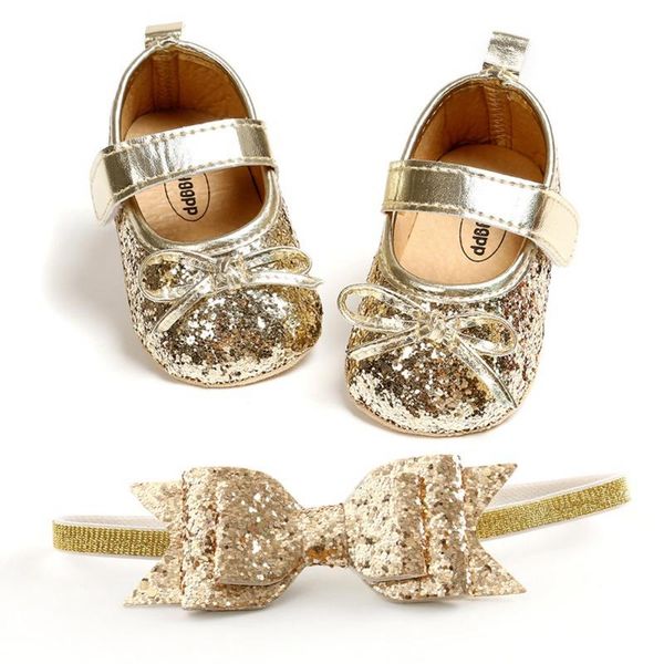 

first walkers sequins baby shoes leather toddler girl sets headband bow-knot soft sole hook & loop bling for girls