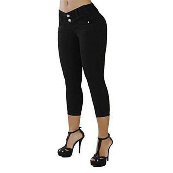 

women's jean-like package hip pant slims solid color high-waist elastic seven-cent pants cotton blend casual wearing 2021 & capris, Black;white