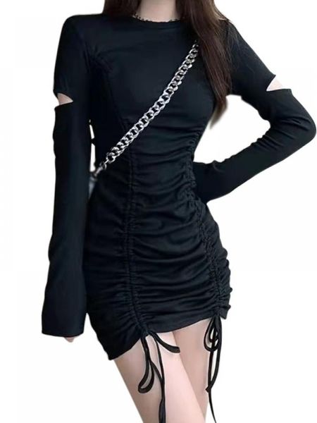 

casual dresses autumn ladies korean fashion all-match solid color hole drawstring design round neck long sleeve slim dress, Black;gray