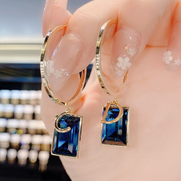 

east gate fashion letter cd blue crystal ring feminine temperament ele atmosphere high sense earrings silver needle ear accessories, Golden