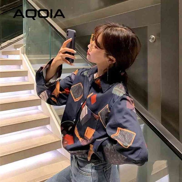 

aqoia casual button up long sleeve women blouse shirt autumn geomtric printing chiffon ladies blouses fashion female shirts 210521, White