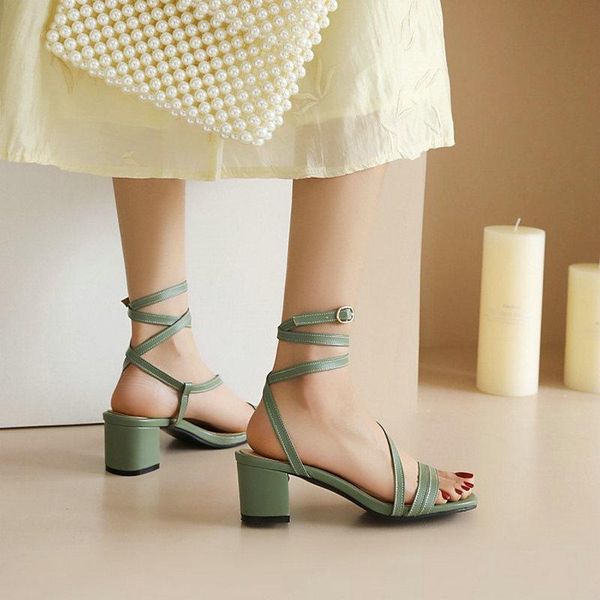 

sandals sianie tianie 2021 summer green ankle cross strap woman gladiators chunky med heels party wedding shoes size 33-52, Black