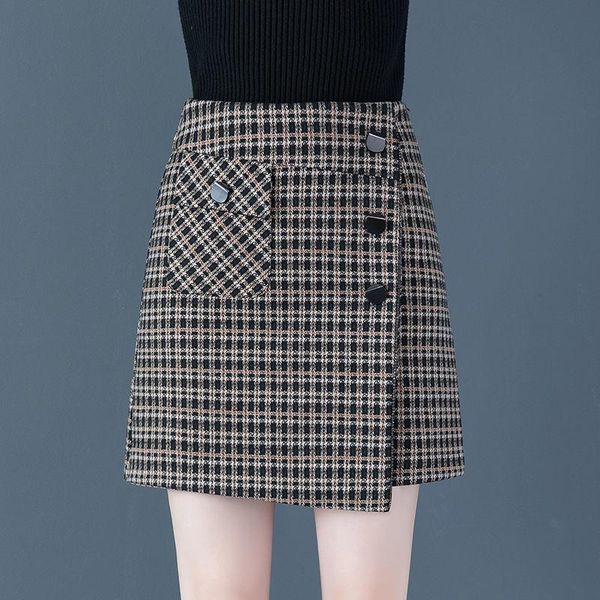 

skirts wool plaid a skirt women's spring and autumn bag 2021 high waist irregular slim hip pleated, Black