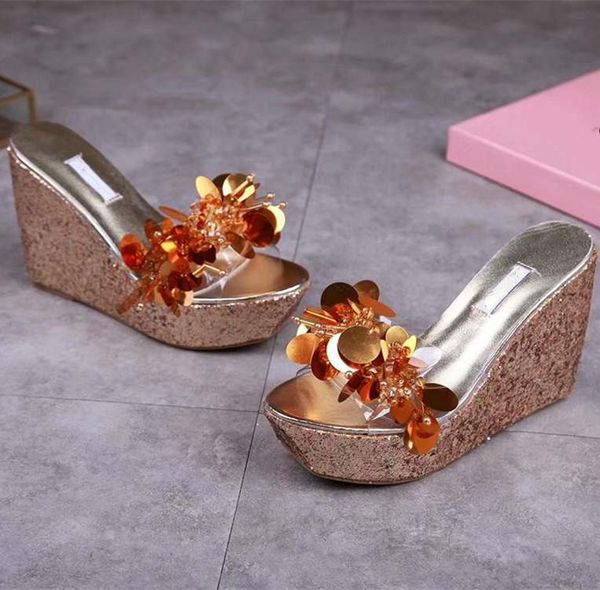 

slippers transparent platform sequined flower women, Black