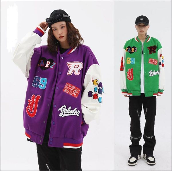 

men's jackets fashion streetwear embroidery breasted character jacket bomber print patchwork baseball suit casual hip hop trend coat, Black;brown