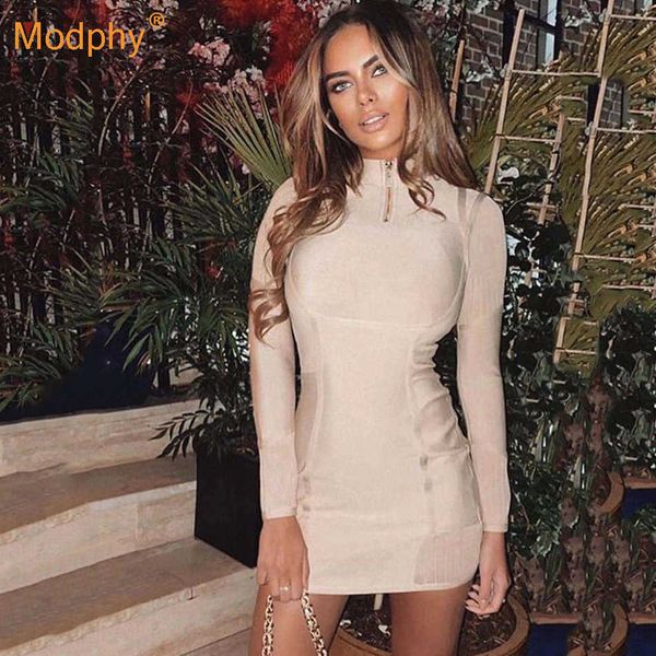 Bahar Moda kadın Bodycon Bandaj Elbise Seksi Stand-up Yaka Fermuar Çıplak Uzun Kollu Kulübü Akşam Parti Vestidos 210527