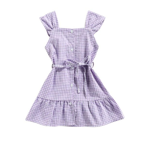 

girl's dresses little girls plaid tank dress, cute sleeveless ruffle hem button down belted dress, Red;yellow