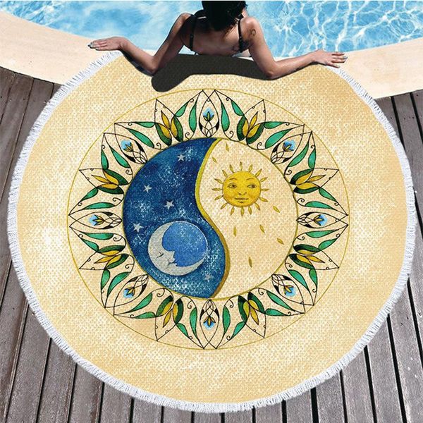 

sun star print beach towel shawl round microfiber bath sauna blanket home travel fitness yoga mat tassel edge