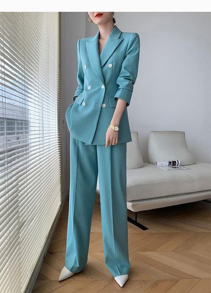 

women's two piece pants fashion suit female arrival casual double breasted blazers+wide leg two-piece ol suits women, White