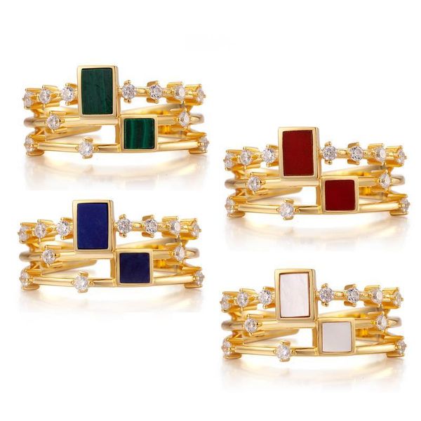 

cluster rings 925 sterling silver gold plated zircon natural gemstone ring lapis malachite agate shell open girl women gift 2021 trend, Golden;silver