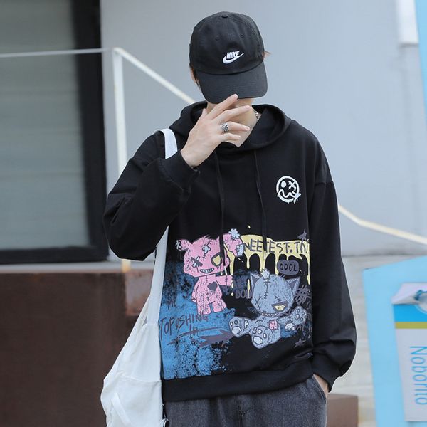 

2021 new long sve sweater men's autumn korean version brand ins cartoon printed couple women's hooded pullover, Black