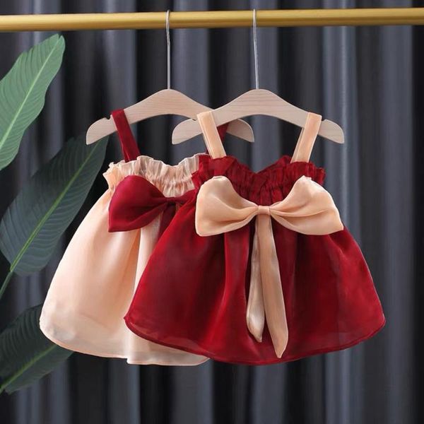 

girl's dresses summer girls kids princess spaghetti staped dress children baby infants organza mesh bow party vestidos, Red;yellow