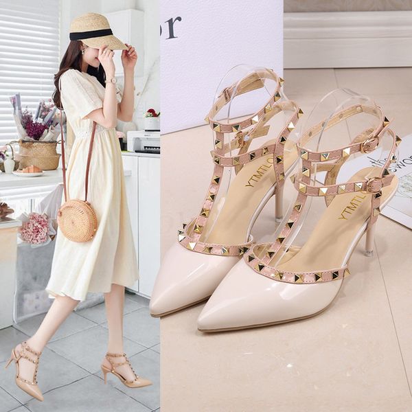 

2021 rivet pointed thin high heels liuding sandal's summer roman strap sho, Black