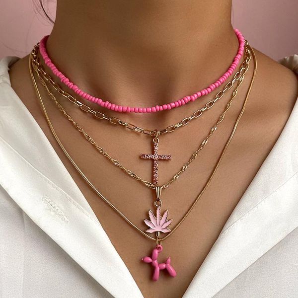 

chains layered pink cartoon poodle dog crystal cross beaded necklace for women enamel leaf acrylic seed bead choker gothic boho jewelry, Silver