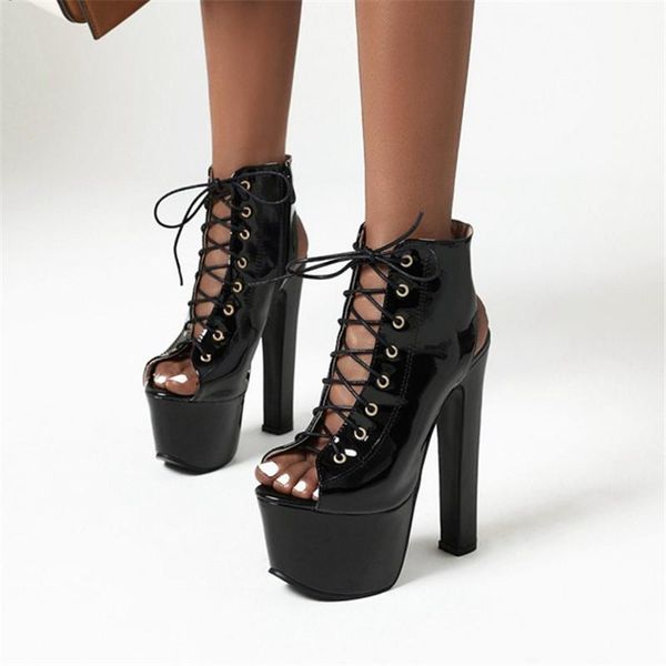 

large size 35-45 rome women punk goth gladiator sandals summer boots peep toe super high heels 17cm patent leather shoes, Black