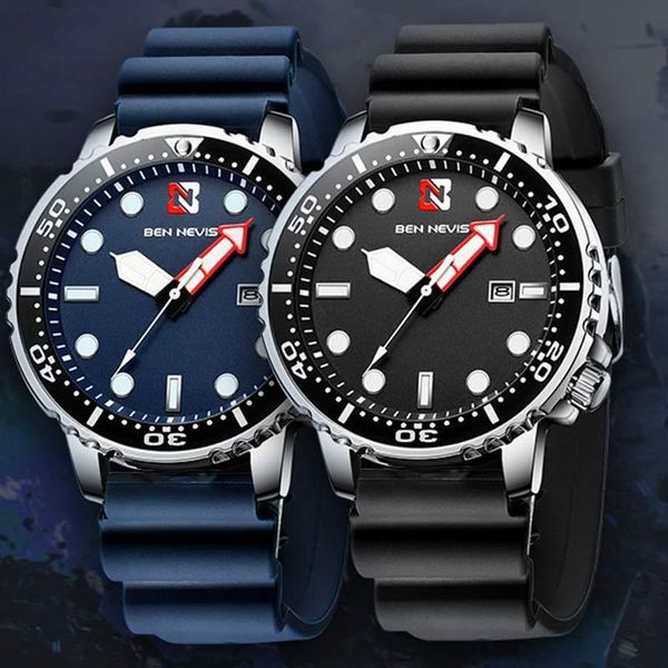 

wristwatches ben nevis men's chronograph analog quartz watch date military sport waterproof silicone rubber strap for man, Slivery;brown