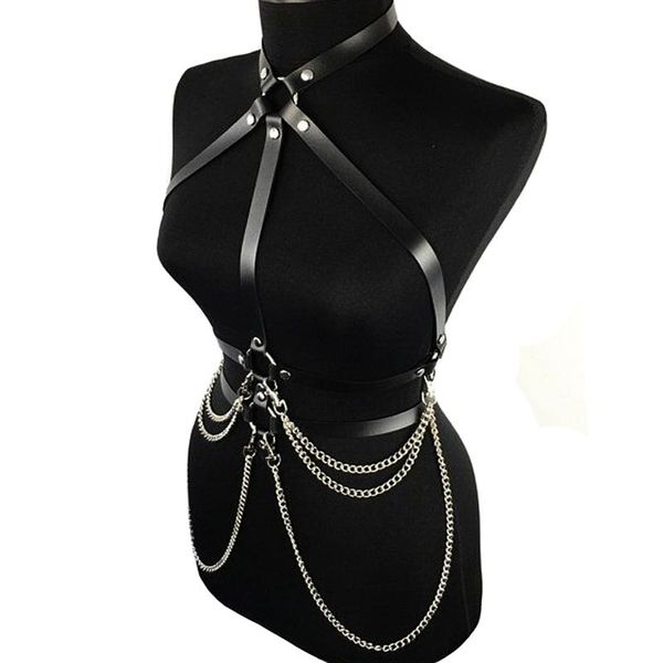 

belts women suspenders chest leather belt harajuku gothic lingerie adjustable bondage holographic metal chain tassel harness, Black;brown