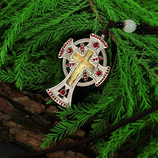 

pendant necklaces religious irish christian catholic celtic cross large red rhinestone necklace mens rope chain church nun prayer jewelry, Silver