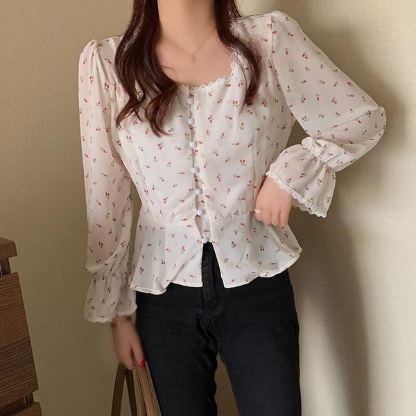 

gentle style age-reducing chiffon shirt for women autumn white temperament small floral square neck short and blouse women's blouses &