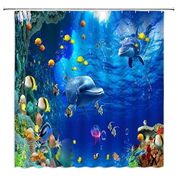 

underwater world shower curtain dolphin tropical fish coral jellyfish sea ocean funny animal cartoon marine kids children