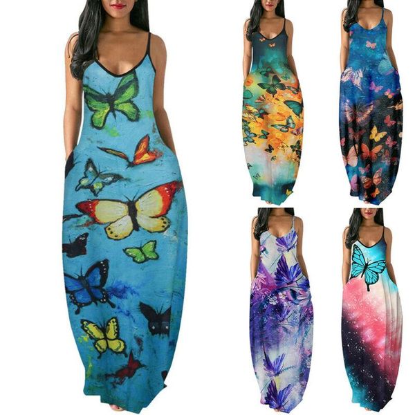 

casual dresses maxi dress women boho long strappy printed beach holiday summer sundress v neck women's, Black;gray