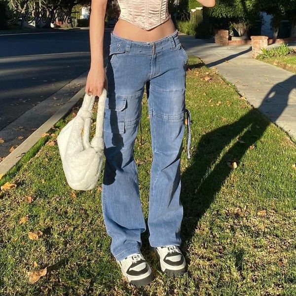 

women's jeans y2k blue retro sashes denim pants ruched drawstring cargo women vintage big pockets trousers streetwear jean