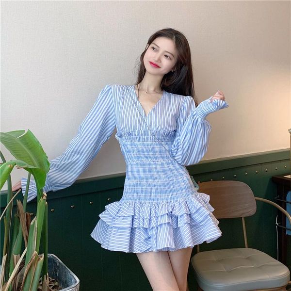 

casual dresses striped dress woman long sleeve spring autumn women's clothing korean sweet style v-neck ruffles ladies fashion, Black;gray