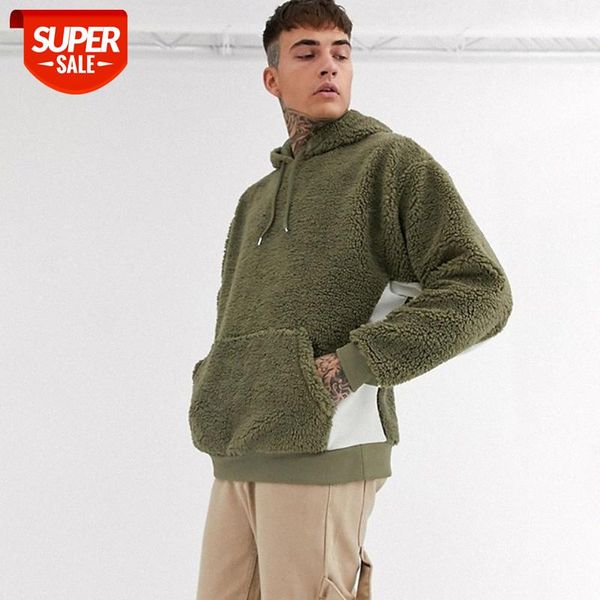 

hoodies european and american autumn two-color stitching polar fleece pullover hooded sweater men's top, Black