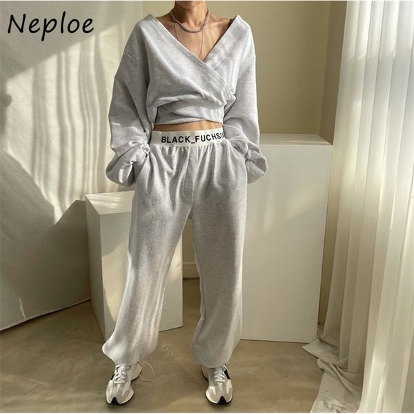 Coreano chic causale 2 pezzi donna set scollo a V manica lunga top corto + pantaloni a vita alta hip harem primavera abito sciolto morbido 210422