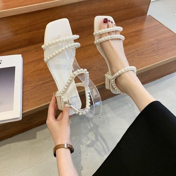 

summer shoes for women fashion pearl decoration side buckle sandals female party wedding thick heels pumps woman dress, Black