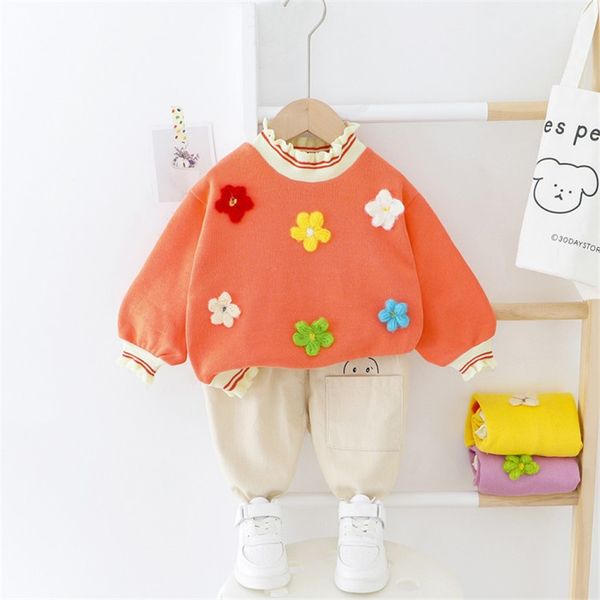 

cute baby girls clothing children two-piece sets cotton flowers pants ripped 2021 spring sweaters girl clothes kids fashion, White