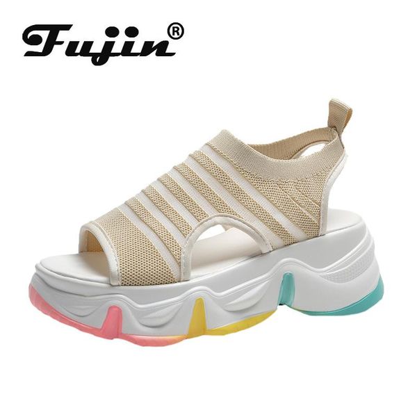 

fujin sandals women 2021 fashion breathable platform open toe mesh summer striped causal slip thick bottom, Black