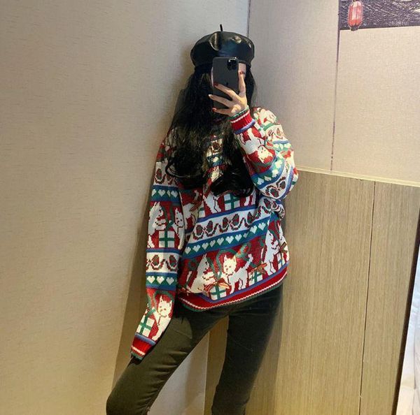 

autumn and winter korean cartoon kitten bowknot decoration pullover round neck loose sweater women's sweaters, White;black