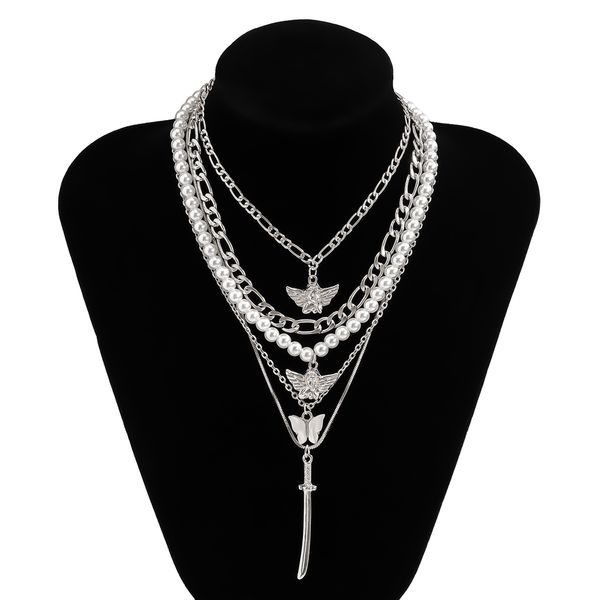 

multi-element pendant necklaces set street shooting angel butterfly imitation pearl handmade clavicle chain simple wild style necklace jewel, Silver