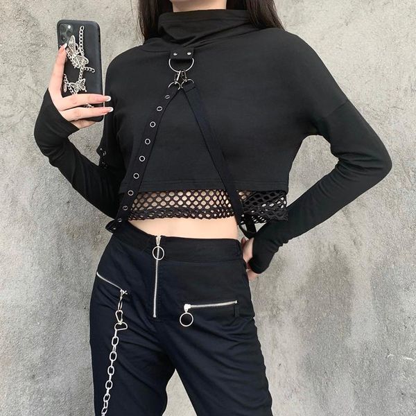 

women's hoodies & sweatshirts crop womens gothic slim chain butterfly long sleeve sweatshirt with holes hip hop short, Black